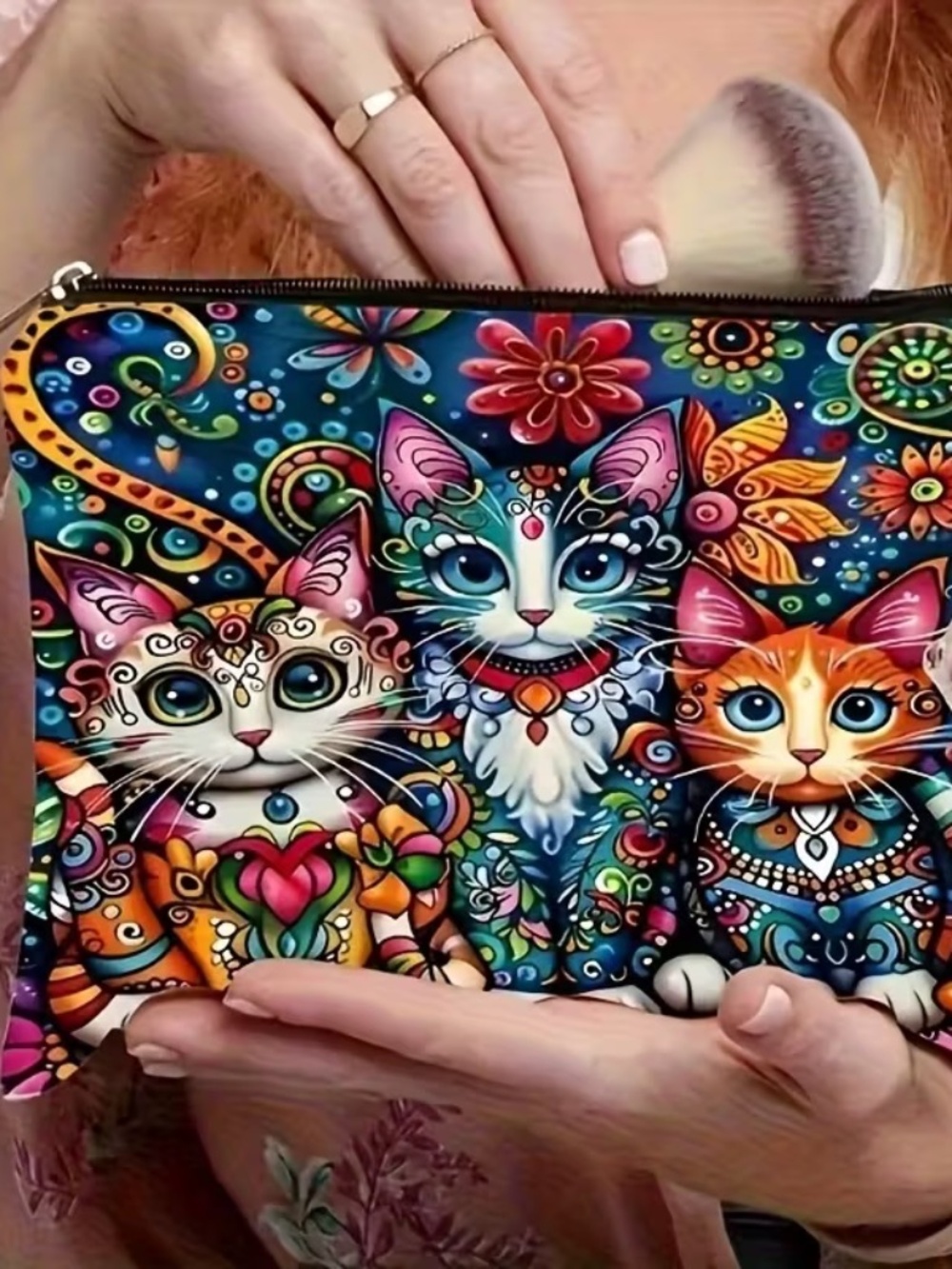 Boho Cat Zipper Pouch Colorful Kitten Makeup Bag Cosmetic Organizer Artsy